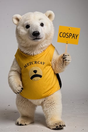 Film lighting,A cute polar bear cub,  in comically ill fitting bee-costume-, (holding sign with text ), in the style of, meticulous details, ultimate photo-realistic, (holding sign that reads "cosplay BEE" ), 32k, Photo realism, Hyper-realistic, analog style, realistic, film photography, 
 (Masterpiece, award-winning work) many details, extremely meticulous, high quality,  real photo shot, art composition,more detail XL,,,<lora:659095807385103906:1.0>