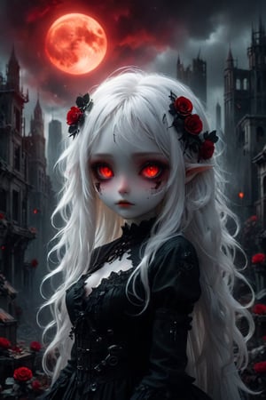 A cybernetic gothic girl ,a ruined cityscape,very long white hair flowing in the wind . red eyes glow like red rubies,  The full moon ,chibi doll,holding a knife,black roses