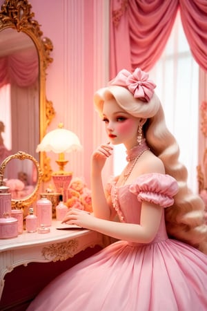 (white porcelain)  doll，A blonde female character, dressed in pink, sits in an indoor environment filled with pink tones. Her clothing design has a retro element, and the bow decoration on her head adds a bit of cuteness. The room is decorated with cosmetics, perfume bottles and other delicate little objects, and the overall atmosphere is elegant and dreamy. - Depict a female character with classical beauty. - The main color of the environment is pink, creating a warm and romantic feeling. - Pay attention to details, such as clothing folds, makeup, etc. - Try to add some symbolic objects to enrich the picture content (such as mirrors, jewelry boxes, etc.). , Mucha，haunting lighting effect, detailed, cinematic, 