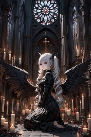 (masterpiece,ultra detailed,high-quality,8k,professional,UHD,)Gothic theme, dark theme, gothic makeup,hair ornaments, long white hair,(blunt  bangs, curly hair,twin ponytails),red eyes,ruby-like eyes , full body shot,Big black wings, fallen angel, candle, kneeling, side view, church, artistic composition, golden ratio