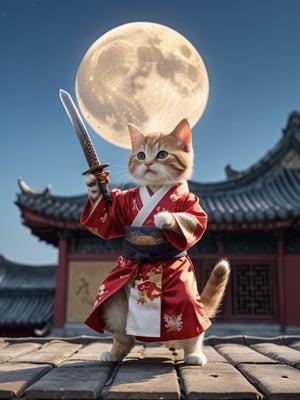 long shot of character, movie style, on the tile roof,a cute kitten((sword in hand, flying forward, feet off the roof)), wearing ancient Chinese robe, flowing robe, bright moon in the sky, Chinese martial arts style,Cinematic Lighting,
 (Masterpiece, award-winning work) many details, extremely meticulous, high quality,  real photo shot, art composition,more detail XL,,,<lora:659095807385103906:1.0>