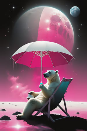 A polar bear sitting on a striped pink and white beach chair under a striped pink and white parasol with a drink in hand on the moon.  Behind the polar bear , there's a galactic pink view of Earth from space, with the planet appearing to be exploding. The vastness of space is filled with stars, explosion fragments, and the moon's surface is dotted with rocks and craters., photo