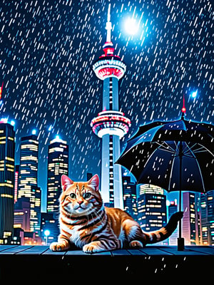 8k, best quality, sharp focus, perfect, masterpiece,
A cinematic masterpiece! A long shot captures the majestic scene: a colossal cat sprawled atop the Oriental Pearl Tower in Shanghai, umbrella in paw, as thunderstorms rage above and rain pours down. The cat's fur glistens with dew, while its eyes shine like polished onyx. In the background, city lights twinkle like diamonds. The framing emphasizes the tower's sleek curves, as a delicate balance of light and shadow defines the scene. Each strand of fur, each drop of rain, is meticulously rendered in high-definition, inviting the viewer to step into this extraordinary world.,shaonv