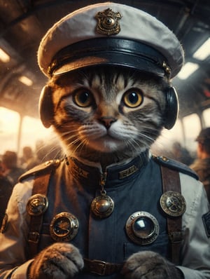 Cinematic lighting,Create an image of an individual in a Modern civil aviation pilot uniform and a pilot hat, holding a cat with big eyes. capturing the essence of elegance and companionship between individual and pet.photo realism, DSLR, 8k uhd, hdr, ultra-detailed, high quality, high contrast (Masterpiece, award-winning work) many details, extremely meticulous, high quality, real photo shot, art composition,more detail XL
