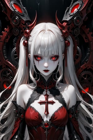 (masterpiece,ultra detailed,high-quality,8k,professional,UHD,)Gothic theme, dark theme, gothic makeup,hair ornaments, long white hair,(blunt  bangs, curly hair,twin ponytails),red eyes,ruby-like eyes , A  girl,, albino demon princess,  evil mechanical body exudes an eerie beauty. Her pale skin contrasts with her intricate, dark, metallic limbs and torso, adorned with sinister gears and glowing red eyes. This chillingly beautiful figure commands a presence that is both mesmerizing and terrifying.,sad, mechanical arms,holding gun with both hands,
tied to the cross