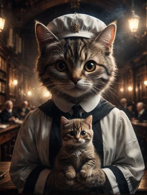 Cinematic lighting,Create an image of an individual in a British judge uniform and a judge wig, holding a cat with big eyes. capturing the essence of elegance and companionship between individual and pet.
photo realism, DSLR, 8k uhd, hdr, ultra-detailed, high quality, high contrast (Masterpiece, award-winning work) many details, extremely meticulous, high quality, real photo shot, art composition,more detail XL
