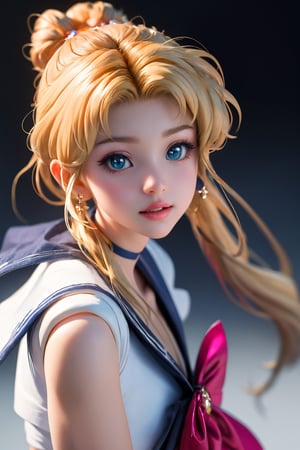 Masterpiece,Usagi Tsukino from Sailor Moon, (long, golden hair,hair styled into two cute buns on the top of head, with twin tales swaying),dynamic pose, (UHD, 8K wallpaper, High resolution), Cinematic lighting, award-winning, upper body shot, extremely  detailed skin, extra detailed face, high detail eyes,blue crystal big eyes,Sailor Moon clothing,, photo-realistic, Zeiss 85 mm F/1.4, sailor moon