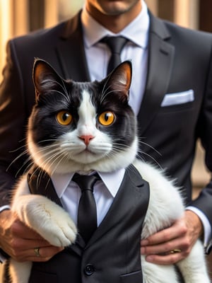 Cinematic lighting,bright natural light,Create an image of an individual with a cat head in a Black suit uniform and black tie, holding an orange and white cat with big beautiful eyes. capturing the essence of elegance and companionship between individual and pet.
photo realism, DSLR, 8k uhd, hdr, ultra-detailed, high quality, high contrast (Masterpiece, award-winning work) many details, extremely meticulous, high quality, real photo shot, art composition,more detail XL
