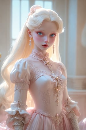 (white porcelain)  a doll , long blonde hair, blue eyes,  haunting lighting effect, character of Sailor Moondetailed, cinematic, atmospheric, digital painting, 4k resolution, (pale albino skin:1.4), (glass skin textures),  dressed in pink, sits in an indoor environment filled with pink tones. Her clothing design has a retro elementhe , and the overall atmosphere is elegant and dreamy. The main color of the environment is pink