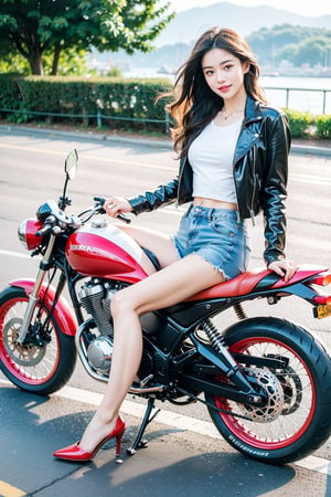 (masterpiece), (best quality),(ultra-detailed),(illustration),(extremely detailed),(perfect anatomy),(super detailed skin),(detailed),(beautiful detailed eyes),1girl,solo,punk,Patent leather jacket,Racers,ridding a Racing motorcycles,very long hair,curly hair,slender figure,long legseyebrows, sideways glance, light smile,sea,seaside road,photorealistic,full-body shot,long shot