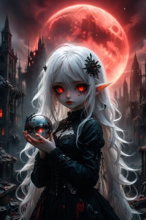 A cybernetic gothic girl ,a ruined cityscape,very long white hair flowing in the wind . red eyes glow like red rubies,  The full moon ,chibi doll,holding a big shining mirror reflective knife in hand