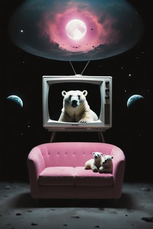 A polar bear sitting on a retro sofa watching an old TV set from the 1980s, lonely, wide angle, long shot,on the moon.  Behind the polar bear , there's a galactic pink view of Earth from space, with the planet appearing to be exploding. The vastness of space is filled with stars, explosion fragments, and the moon's surface is dotted with rocks and craters., photo,full body,long shot, wide angle