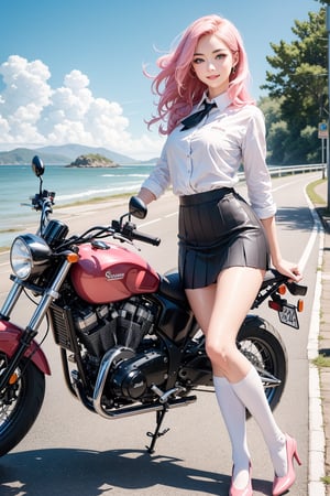 (masterpiece), (best quality),(ultra-detailed),(illustration),(extremely detailed),(perfect anatomy),(super detailed skin),(detailed),(beautiful detailed eyes),1girl,solo,ridding ,a motorcycle,pink hair,very long hair,curly hair,blue eyes,(school uniform), (white shirt),black tie, skirt,black thighhighs,slender figure,long legs,black high heels, eyebrows, sideways glance, light smile,sea,seaside road,photorealistic,full-body shot,long shot