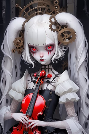 (masterpiece,ultra detailed,high-quality,8k,professional,UHD,)Gothic theme, dark theme, gothic makeup,hair ornaments, long white hair,(blunt bangs, curly hair,twin ponytails),red eyes,ruby-like eyes , A girl,, albino demon princess, evil mechanical body exudes an eerie beauty. Her pale skin contrasts with her intricate, dark, metallic limbs and torso, adorned with sinister gears and glowing red eyes. This chillingly beautiful figure commands a presence that is both mesmerizing and terrifying.,sad, mechanical arms,playing the violin