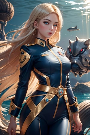 Create an image of a female character in a futuristic military uniform, with long, silky golden hair in gentle waves down to her waist. Her large, luminous amber eyes should be framed by delicate lashes, with porcelain-like skin and a hint of blush on her cheeks. The uniform should be deep ocean blue with bright golden touches and distinctive badges on the shoulders to highlight her position. Her left hand should be delicately supporting a realistic globe, showcasing her protective yet firm demeanor. The backdrop should be a blend of soft and technological elements, reflecting her dual nature of tenderness and determination. The art style should be in the aesthetic of high-detail anime, with a vertical aspect ratio.