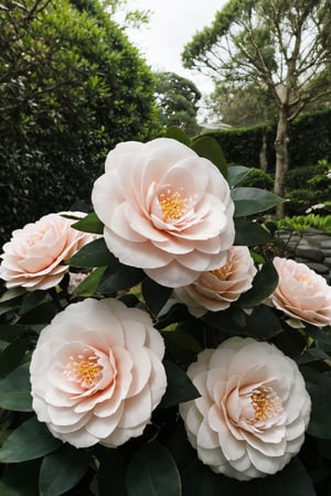 “Generate a minimalist photo featuring a  Camellia garden. Emphasize simplicity in the composition, focusing on a few elegant pink blooms amidst a backdrop of lush greenery. Capture the essence of tranquility and subtle beauty, ensuring the overall image exudes a serene and minimalist aesthetic.”