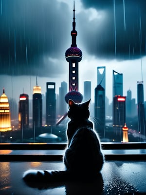 8k, best quality, sharp focus, perfect, masterpiece,
A cinematic masterpiece! A long shot captures the majestic scene: a colossal cat sprawled atop the Oriental Pearl Tower in Shanghai, umbrella in paw, as thunderstorms rage above and rain pours down. The cat's fur glistens with dew, while its eyes shine like polished onyx. In the background, city lights twinkle like diamonds. The framing emphasizes the tower's sleek curves, as a delicate balance of light and shadow defines the scene. Each strand of fur, each drop of rain, is meticulously rendered in high-definition, inviting the viewer to step into this extraordinary world.