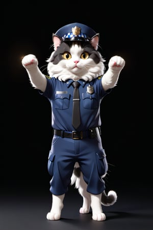 Fluffy black and white cat, standing like a human ,with hands outstretched, front view, cat in police officer costume, wearing police officer hat,studio light style photographic portrait, black background, high resolution photo
