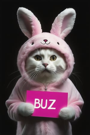 Realistic photograph of a cat in comically ill fitting pink Bunny-costume-, (holding sign with text ), in the style of, meticulous details, ultimate photo-realistic, still life, (holding sign that reads "fix buzz plz" ), david teniers the younger, charming character illustrations, use of screen tones, 32k, subsurface scattering, Photo realism, Hyper-realistic, analog style, realistic, film photography, soft lighting, heavy 