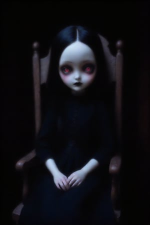 Chinese (white porcelain)  doll with a cracked face and limbs sitting on an old wooden rocking chair in a cabin, black hair, evil eyes, black goth dress, haunting lighting effect, detailed, cinematic, atmospheric, digital painting, eerie atmosphere, character design by Jasmine Becket-Griffith and Mark Ryden, gothic style, 4k resolution, (pale albino skin:1.4), (glass skin textures), (night:1.4), (dark:1.4), (moonlit:1.4), (dark skies:1.4)