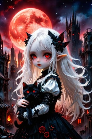 A cybernetic gothic girl ,a ruined cityscape,very long white hair flowing in the wind . red eyes glow like red rubies,  The full moon ,chibi doll,holding a cat