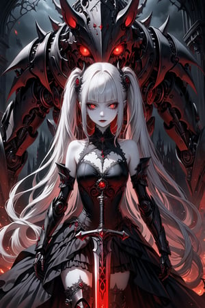 (masterpiece,ultra detailed,high-quality,8k,professional,UHD,)Gothic theme, dark theme, gothic makeup,hair ornaments, long white hair,(blunt  bangs, curly hair,twin ponytails),red eyes,ruby-like eyes , A  girl,, albino demon princess,  evil mechanical body exudes an eerie beauty. Her pale skin contrasts with her intricate, dark, metallic limbs and torso, adorned with sinister gears and glowing red eyes. This chillingly beautiful figure commands a presence that is both mesmerizing and terrifying.,sad, mechanical arms,holding a Big sword, riding a war horse