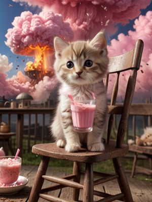 Film lighting,A cute kitten sits on an old-fashioned wooden rocking chair, leisurely holding a cup of pink drink. Behind the cat, a historic tragedy is taking place - a huge mushroom cloud rises in the sky, which is the scene of an explosion caused by the dropping of an atomic bomb.
 (Masterpiece, award-winning work) many details, extremely meticulous, high quality,  real photo shot, art composition,more detail XL,,,<lora:659095807385103906:1.0>