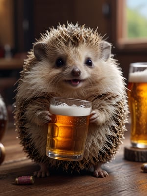 cinematic lighting,  RAW photo, film grain,  , (photorealistic) , realistic, real picture, intricate details, cute hedgehog with beer, cinematic, hyper realism, high detail, octane render, 4k
 (Masterpiece, award-winning work) many details, extremely meticulous, high quality,  real photo shot, art composition,more detail XL,,,,,,,,,,<lora:659095807385103906:1.0>