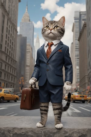 Extremely realistic, high-definition, super detailed,real cat, little cat,A real cute cat,Wearing a high-end suit, holding a briefcase, standing on Wall Street, looking up at the high-rise buildings 