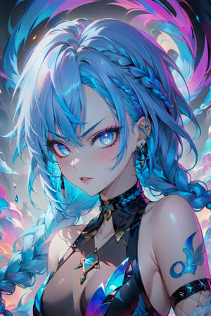 ((masterpiece)), (ultra-detailed), Abstract style cute, smoke,colorful and vibrant, mystical colors, contemporary impressionism,upper body shot,Jinx from Arkane, dynamic pose,angry,
extremely detailed skin, extra detailed face, high detail eyes, 1girl, solo, long hair,looking at viewer, Jinx clothing, long twin braids,bangs, blue eyes, bare shoulders, jewelry, blue hair,parted lips, choker,piercing, arm tattoo, shoulder tattoo ,crystal,
more detail XL,yanjun cheng painting, iridescent perspective view , UHD, HDR, 8K, the most beautiful painting in the world, Non-representational, colors and shapes, expression of feelings, imaginative,more detail ,jinx (league of legends)