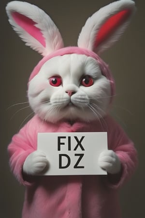 Realistic photograph of a cute cat in comically ill fitting pink Bunny with red-eyes-costume-, (holding sign with text ), in the style of, meticulous details, ultimate photo-realistic, still life, (holding sign that reads "fix buzz plz" ), david teniers the younger, charming character illustrations, use of screen tones, 32k, subsurface scattering, Photo realism, Hyper-realistic, analog style, realistic, film photography, soft lighting, heavy 