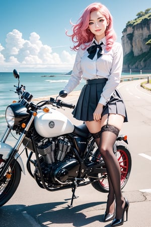 (masterpiece), (best quality),(ultra-detailed),(illustration),(extremely detailed),(perfect anatomy),(super detailed skin),(detailed),(beautiful detailed eyes),1girl,solo,ridding ,a motorcycle,Hand mounted on handle,pink hair,very long hair,curly hair,blue eyes,(school uniform), (white shirt),black tie, skirt,black thighhighs,slender figure,long legs,black high heels, eyebrows, sideways glance, light smile,sea,seaside road,photorealistic,full-body shot,long shot