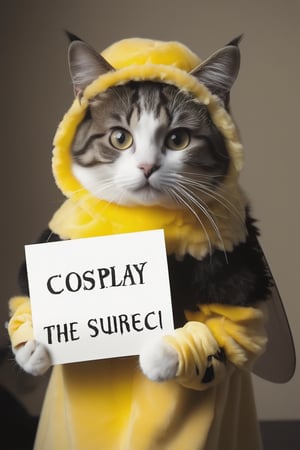 Realistic photograph of a cat in comically ill fitting bee-costume-, (holding sign with text ), in the style of, meticulous details, ultimate photo-realistic, still life, (holding sign that reads "cosplay BEE" ), david teniers the younger, charming character illustrations, use of screen tones, 32k, subsurface scattering, Photo realism, Hyper-realistic, analog style, realistic, film photography, soft lighting, heavy shadow