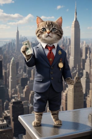 Extremely realistic, high-definition, super detailed,real cat, little cat,A real cute cat,Wearing a high-end suit, stand on the roof of the Empire State Building ,reach a hand toward the sky, throw money into the sky,side photo