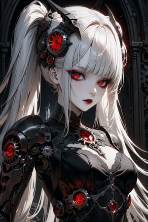 (masterpiece,ultra detailed,high-quality,8k,professional,UHD,)Gothic theme, dark theme, gothic makeup,hair ornaments, long white hair,(blunt  bangs, curly hair,twin ponytails),red eyes,ruby-like eyes , A  girl,, albino demon princess, with an evil mechanical body exudes an eerie beauty. Her pale skin contrasts with her intricate, dark, metallic limbs and torso, adorned with sinister gears and glowing red eyes. ,sad, mechanical arms