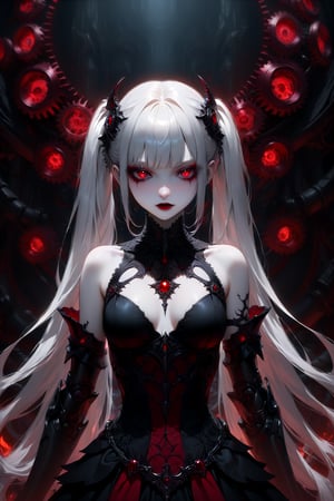 (masterpiece,ultra detailed,high-quality,8k,professional,UHD,)Gothic theme, dark theme, gothic makeup,hair ornaments, long white hair,(blunt  bangs, curly hair,twin ponytails),red eyes,ruby-like eyes , A  girl,, albino demon princess,  evil mechanical body exudes an eerie beauty. Her pale skin contrasts with her intricate, dark, metallic limbs and torso, adorned with sinister gears and glowing red eyes. This chillingly beautiful figure commands a presence that is both mesmerizing and terrifying.,sad, mechanical arms,fighting with Alien