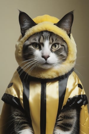 Realistic photograph of a cat in comically ill fitting bee-costume-, in the style of, meticulous details, ultimate photo-realistic, still life,  david teniers the younger, charming character illustrations, use of screen tones, 32k, subsurface scattering, Photo realism, Hyper-realistic, analog style, realistic, film photography, soft lighting, heavy shadow