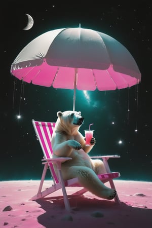 A polar bear sitting on a striped pink and white beach chair under a pink and white parasol with a drink in hand on the moon.  Behind the polar bear , there's a galactic pink view of Earth from space, with the planet appearing to be exploding. The vastness of space is filled with stars, explosion fragments, and the moon's surface is dotted with rocks and craters., photo