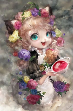 Extremely realistic, high-definition, real cat,A cute big-eyed cat is  Having afternoon tea dressed as Alice in Wonderland， mysterious space.Add more details XL,