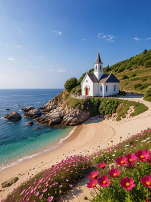 (8K, original, highest quality, famous photo: 1.2), (current, actual photo: 1.3), ultra-high definition, summer, daylight, noon, 12 p.m., small church on the hill, beach, small boat, cosmos flower,,<lora:659095807385103906:1.0>