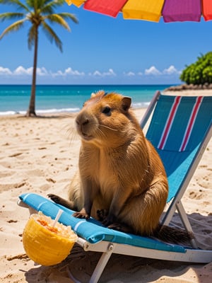 A serene beach scene: a small, fluffy Capybara lounges on a striped beach chair, head tilted upwards towards a cup of ice drink held just above its tiny paws, under the shade of a colorful parasol. In the background, the vast blue ocean stretches out to meet the shore, with gentle waves caressing the warm sand. A palm tree stands tall nearby, its long fronds swaying gently in the breeze. The atmosphere is one of relaxation and tranquility as the Capybara basks in the warmth and enjoys the refreshing treat.,<lora:659095807385103906:1.0>