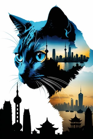 (Masterpiece, award-winning work) 
Silhouette of a cat filled with the scene of the Oriental Pearl of Shanghai, double exposure, more detail XL