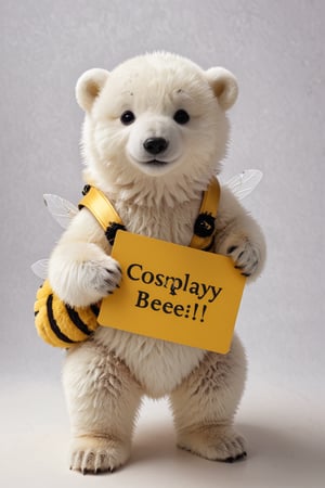 Film lighting,A cute polar bear cub, Wearing a cute bee costume, Dressed up like a bee,(holding sign with text ), in the style of, meticulous details, ultimate photo-realistic, (holding sign that reads "cosplay BEE" ), 32k, Photo realism, Hyper-realistic, analog style, realistic, film photography, 
 (Masterpiece, award-winning work) many details, extremely meticulous, high quality,  real photo shot, art composition,more detail XL,,,<lora:659095807385103906:1.0>