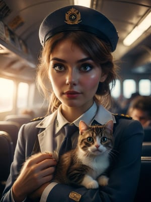 Cinematic lighting,bright natural light,Create an image of an individual in a American modern civil aviation stewardess uniform, holding a cat with big eyes. capturing the essence of elegance and companionship between individual and pet.
photo realism, DSLR, 8k uhd, hdr, ultra-detailed, high quality, high contrast (Masterpiece, award-winning work) many details, extremely meticulous, high quality, real photo shot, art composition,more detail XL
