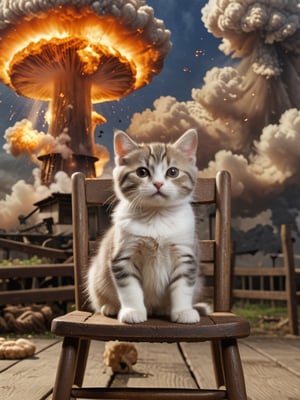 Film lighting,A cute kitten is sitting on an old-fashioned wooden rocking chair, holding a glass of drink leisurely with a calm and calm expression. But what is disturbing is that a historic tragedy is taking place behind the cat - a huge mushroom cloud rises in the sky, which is the scene of the explosion caused by the dropping of the atomic bomb in Hiroshima, Japan.
The image deftly blends the seemingly relaxed image of a cat with one of the most brutal war events in human history. The cat's calm posture forms a strong contrast with the explosive mushroom cloud, which makes people think about the complex relationship between humans and animals, life and destruction.
 (Masterpiece, award-winning work) many details, extremely meticulous, high quality,  real photo shot, art composition,more detail XL,,,<lora:659095807385103906:1.0>