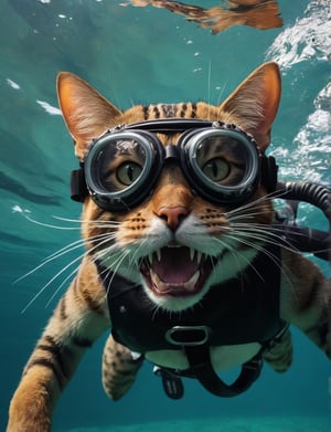 looking at viewer, open mouth, water, no humans, animal, fangs, border, cat, goggles, innertube, goggles on head, animal focus, whiskers, afloat, diving mask, snorkel