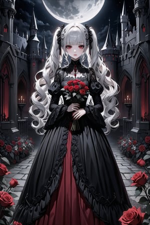 (masterpiece,ultra detailed,high-quality,8k,professional,UHD,)Gothic theme, dark theme, gothic makeup,hair ornaments, white hair,(blunt  bangs, curly hair,twin ponytails),red eyes,ruby-like eyes,gothic dress,Castle, moonlit night, 
whole body,holding roses in hand