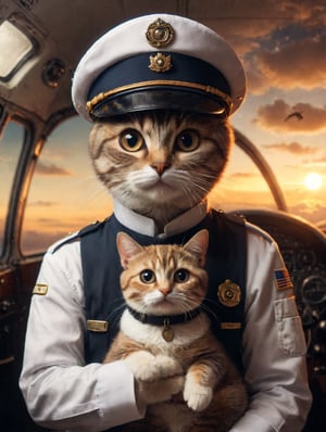 Create an image of an individual in a Modern civil aviation pilot uniform and a pilot hat, holding a cat with big eyes. capturing the essence of elegance and companionship between individual and pet.
