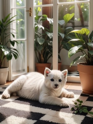 A cinematic long shot of a real cute cat cub lying peacefully on a checkered floor, surrounded by vibrant indoor flora. Soft sunlight pours in through the window, casting a warm glow on the scene. A small flower and potted plant sit nearby, with a majestic tree visible outside the window. The polar bear's playful pose is framed perfectly against the beautiful scenery, exuding an air of serenity.,more detail XL