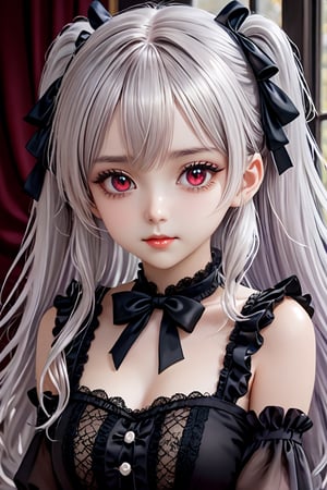 (photorealistic:1.4), (masterpiece, sidelights, exquisite gentle eyes), (character focus,face focus,close to viewer,portrait,masterpiece) ,anime colored,,cute face,3D face,white skin,(white hair,twintails,long hair),(1 girl),(dark red eyes),gothic makeup,long and curly eyelashes,lolita headband,(upper body:1.5),(gothic black lace lolita dress:1.5),blush、hair ribbon、 (cute face),(light smile:1.5),Gentle face,(gradient background:1.5)、(glowing eyes)、 neat and clean、adorable、Slim Body,(tareme:1.5),shiny hair, shiny skin,niji,manga,From Behind,xxmix_girl,more detail XL,